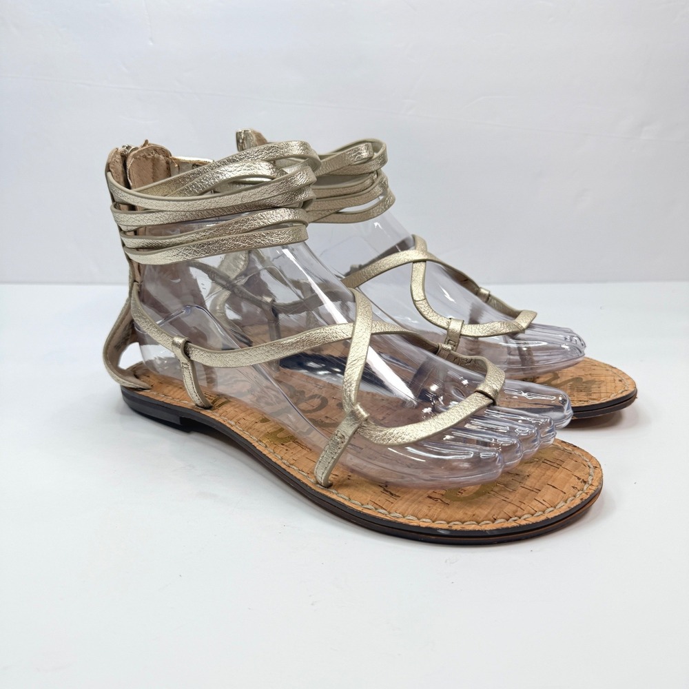 Sam Edelman Womens 7.5 Gladiator Sandals Metallic Gold Strappy Ankle Wrap Flat